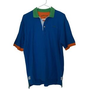 Orvis Men’s Polo Shirt – Size XL – Blue with Green Collar & Orange Accents